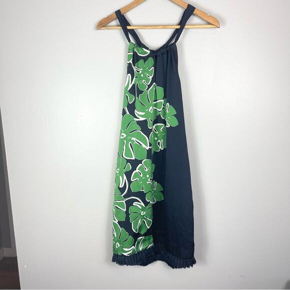 Trina Turk Hot Leaf Printed Halter Mini Dress Size 0 Navy Blue and Green - Picture 1 of 14